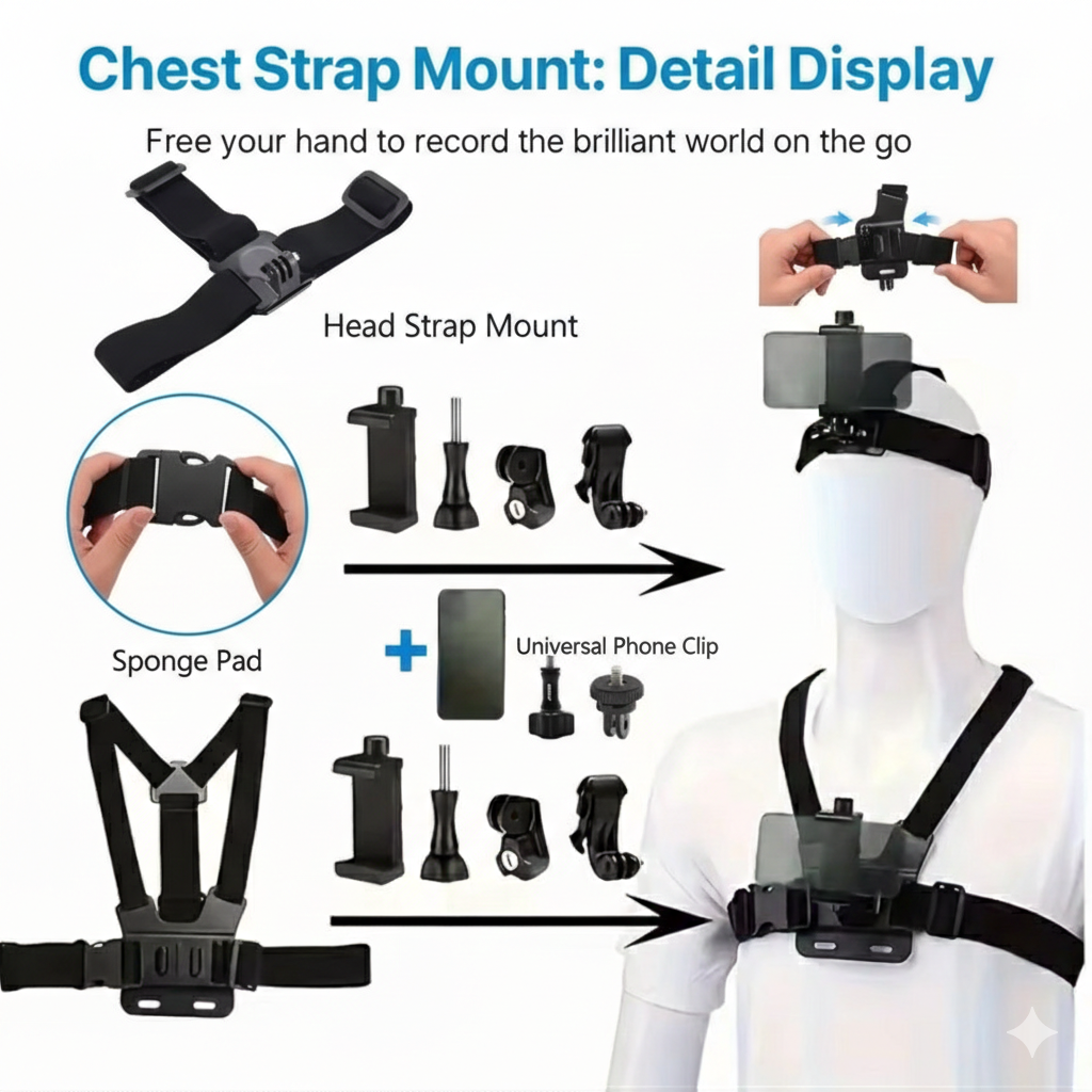 Action Camera Accessories Kit Head Strap Chest Strap Mount Adjustable Holder for GoPro Phone DJI Osmo SJCAM AKASO insta360